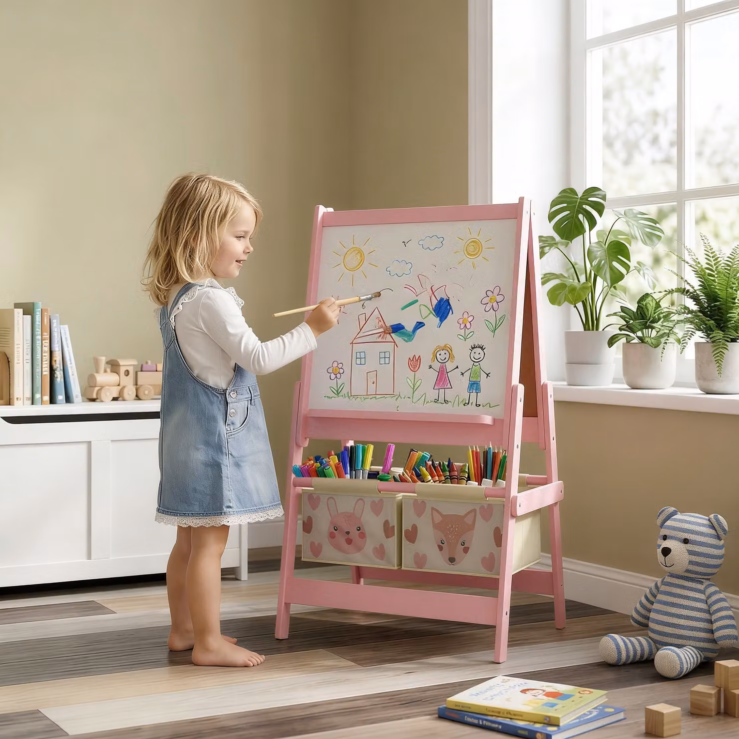 AIYAPLAY 3-in-1 Kids Easel with Paper Roll, Magnetic Whiteboard and Chalkboard in Pink – 2