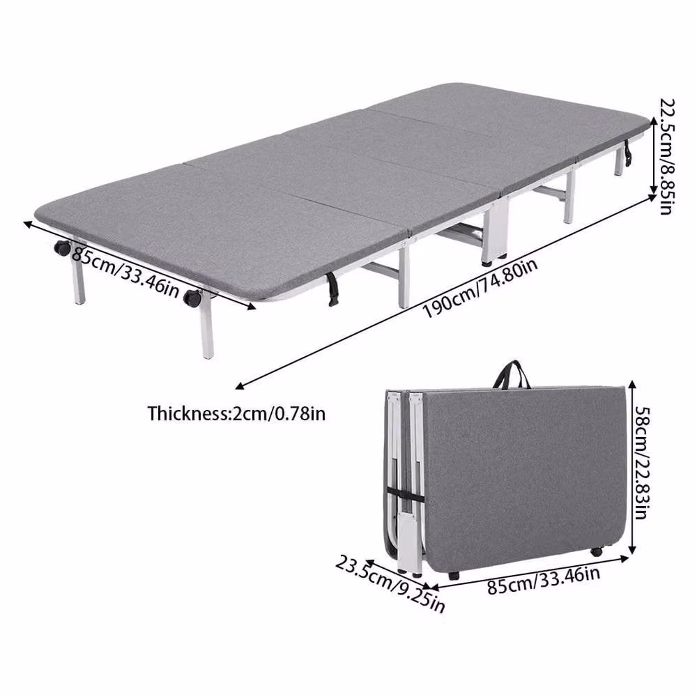 KORVIXA Single Folding Guest Bed with Upholstered Grey Fabric and Foam Padding – 2
