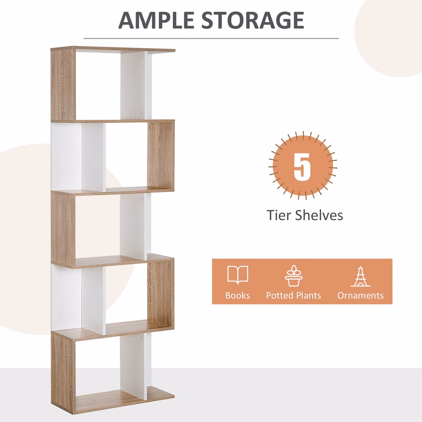 HOMCOM 5-tier S-shape Bookcase and Display Shelving Unit in White – 3