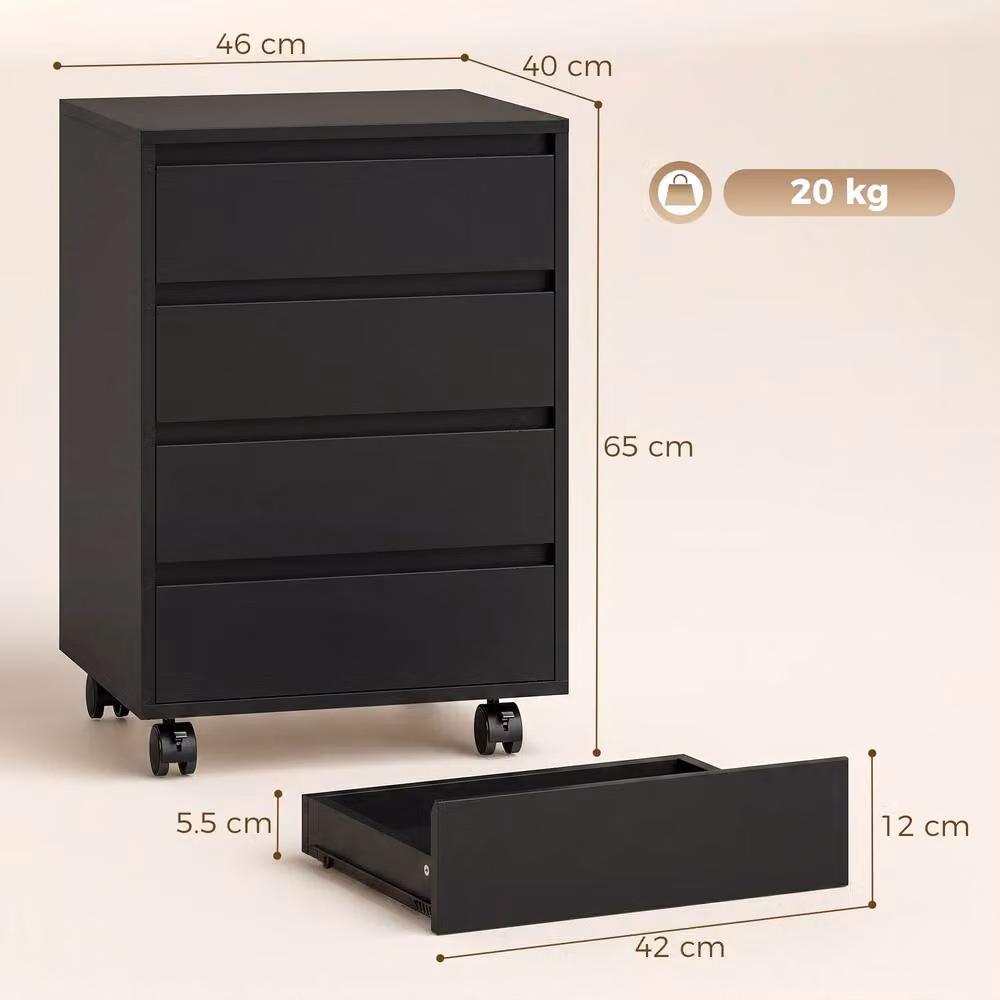 STILVORA 4-Drawer Black Filing Cabinet with Castors – 3