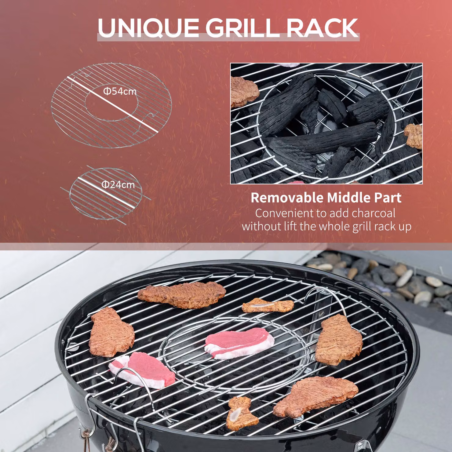 OUTSUNNY Black Portable Kettle Charcoal BBQ Grill and Smoker with Cover, Lid, Thermometer and Wheels, W/D/H: 108 x 54 x 65 cm – 3