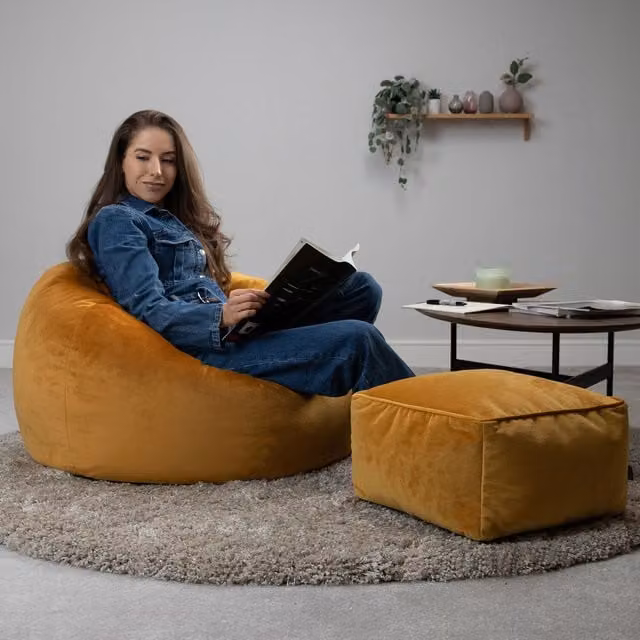 ICON Kingston Classic Velvet Bean Bag and Footstool Set in Yellow