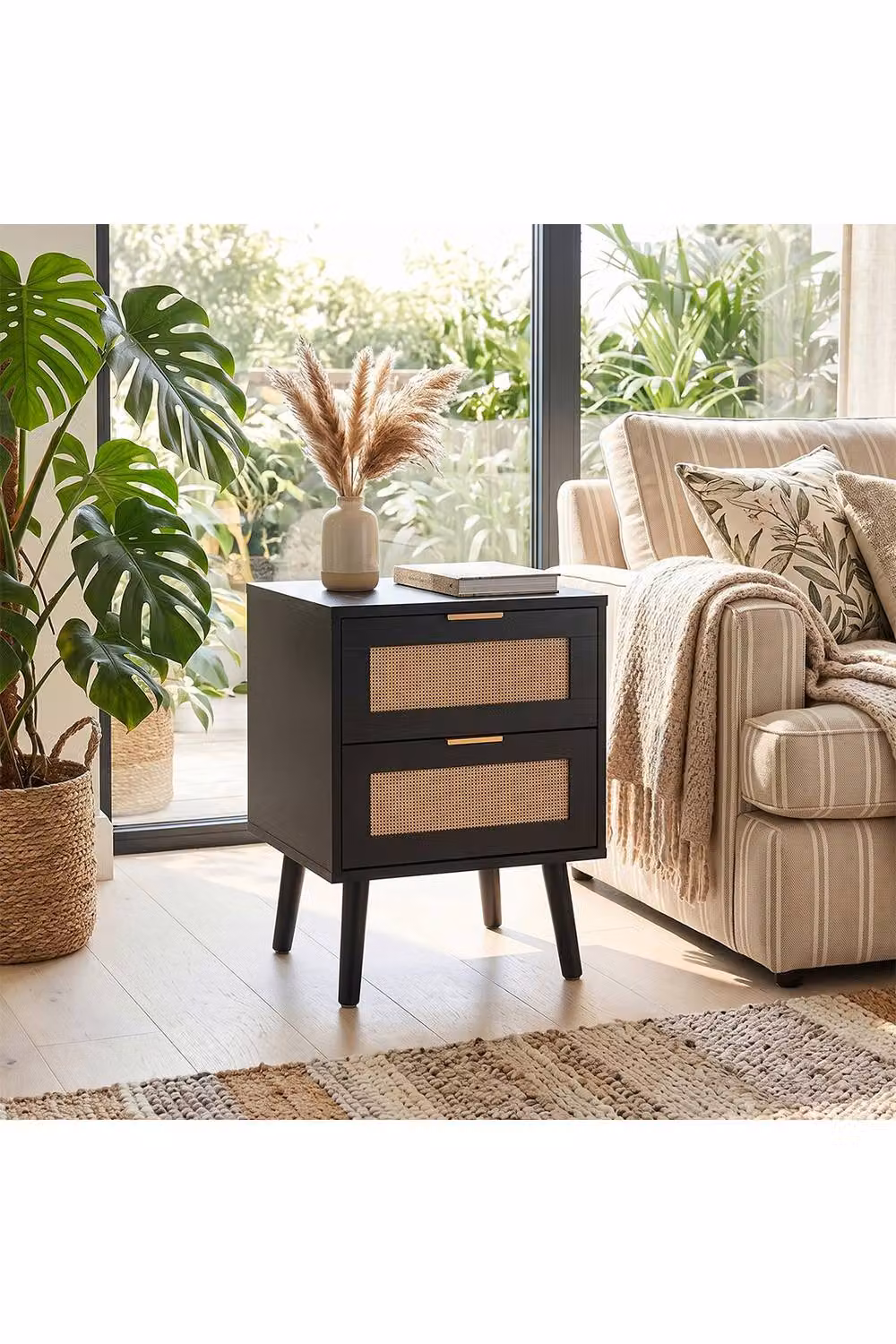 H&O Direct Set of 2 Modern Black Rattan and Metal Dual-Drawer Bedside Tables – 2