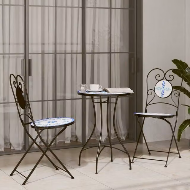Berkfield Home Mosaic Bistro Set in Blue and White Ceramic and Metal