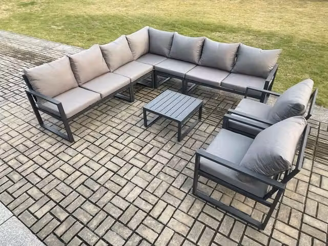 Fimous Outdoor Garden Furniture Set with L-Shape Corner Sofa, 2 Armchairs and Coffee Table in Dark Grey Powder Coated Aluminium
