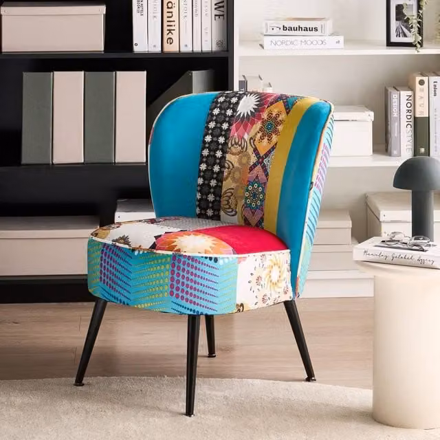 Wyld and Coco Blue Patchwork Armless Accent Chair with Metal Legs and Geometric Design – 1