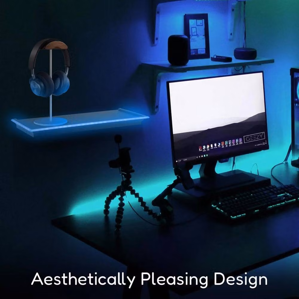 GEEZY Black Floating Wall Mounted Shelf with Integrated Blue LED Neon Light – 4
