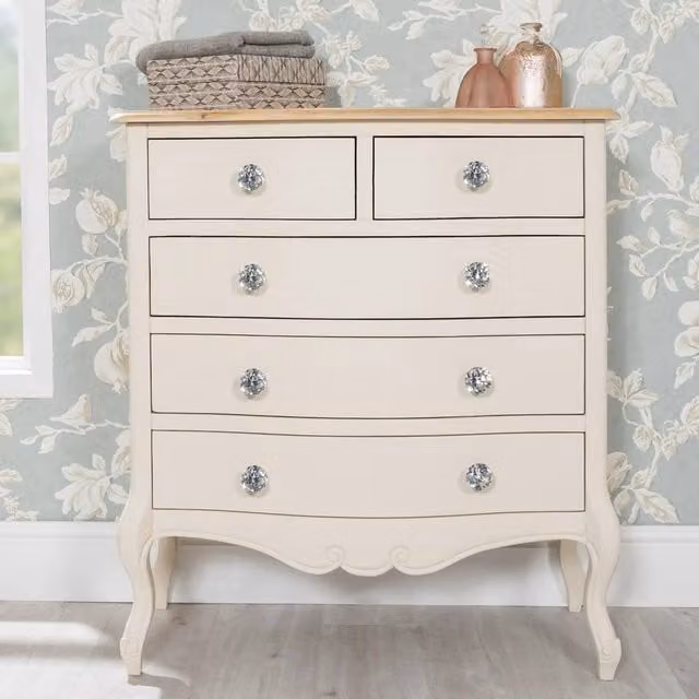 Statement Furniture Juliette Vintage Chic 2 Over 3 Chest of Drawers with Crystal Handles in Ivory White