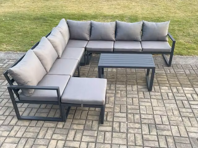 Fimous Modern L-Shape Aluminium Garden Lounge Corner Sofa Set with Oblong Coffee Table and Ottoman in Dark Grey