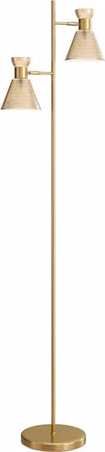 HOMCOM Modern Gold Floor Lamp with Adjustable Dual Heads and Floral Glass Shades, E27 Socket with Foot Switch – 1