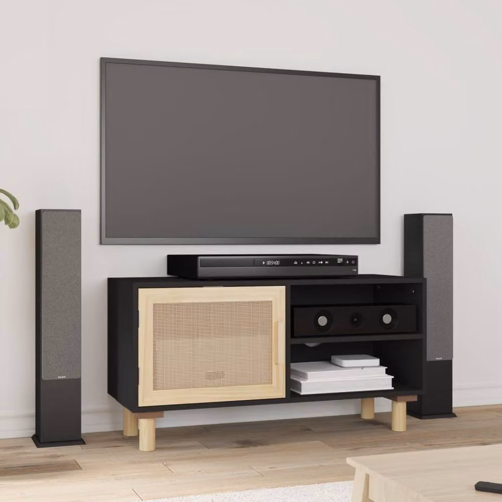 Berkfield Home Black TV Cabinet in Solid Pine and Natural Rattan, W/D/H: 80 x 30 x 40 cm – 2