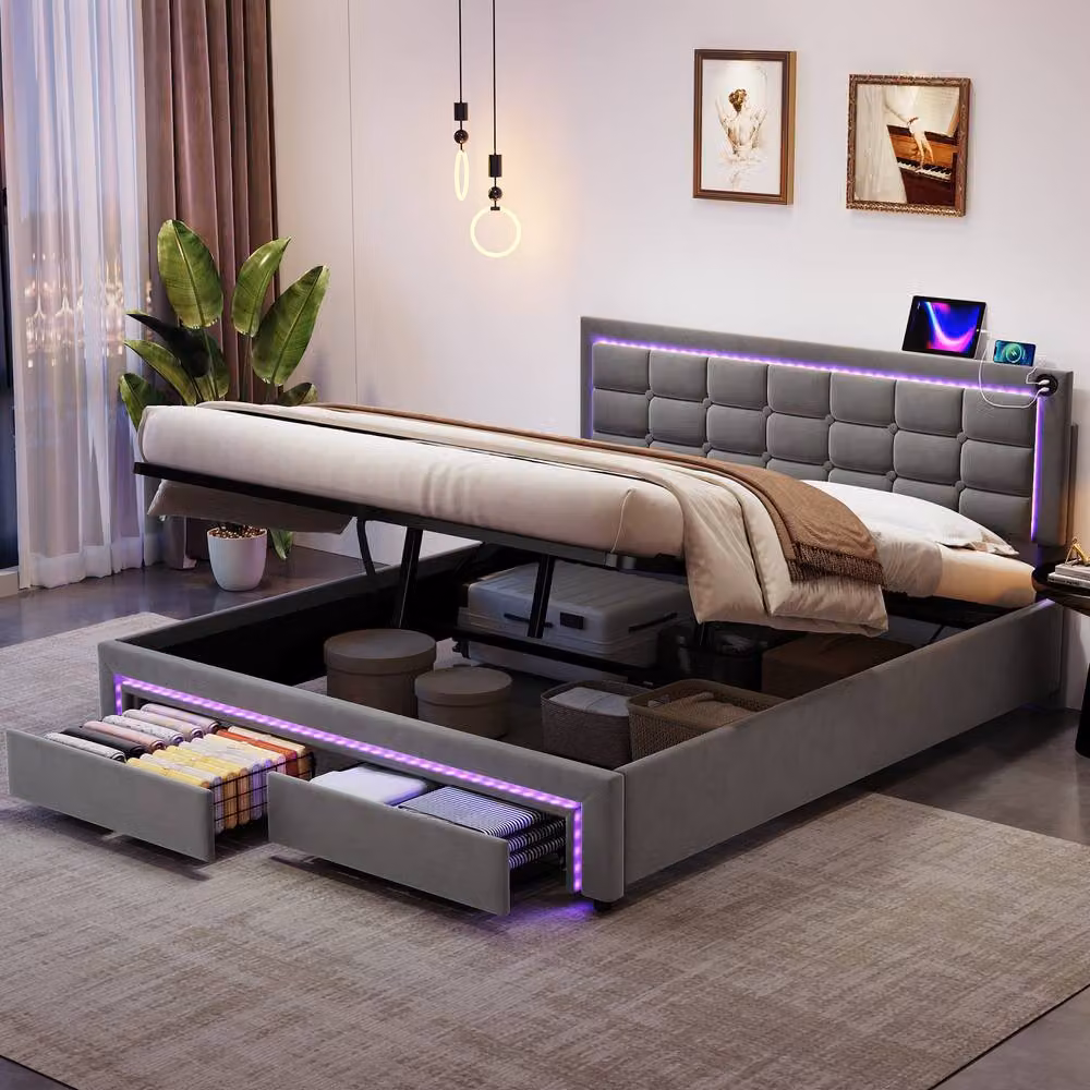 Merax Grey Velvet Upholstered Hydraulic Storage Bed with LED Lighting, USB Charging Port and Drawers, W/D/H: 140 x 200 cm – 3
