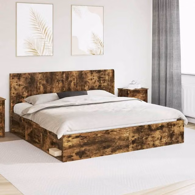Berkfield Home Bed Frame with Storage and Headboard in Smoked Oak Brown, W/D/H: 180 x 200 cm – 1