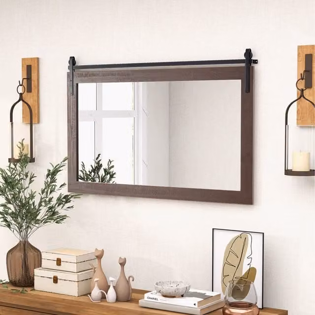 COSTWAY Rustic Rectangular Farmhouse Bathroom Wall Mirror in Brown