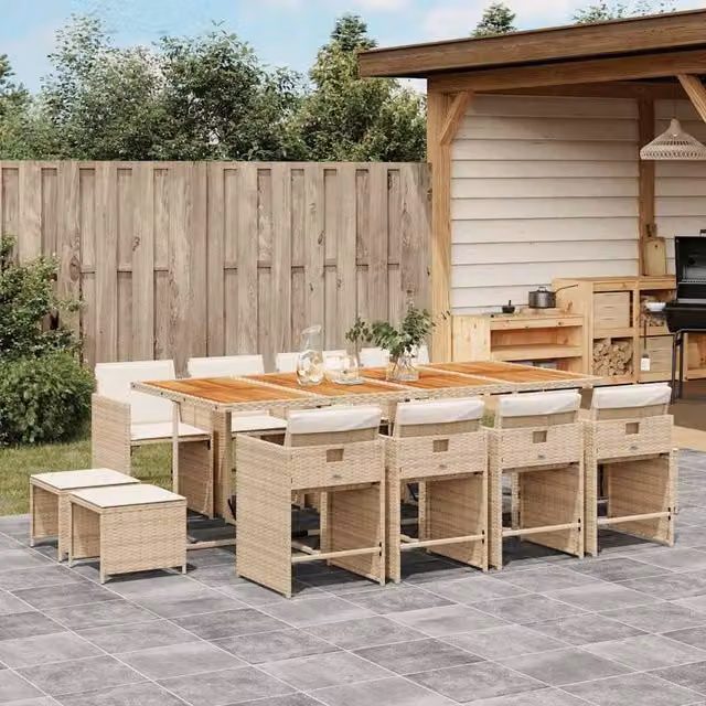 Berkfield Home 13 Piece Beige Poly Rattan Garden Dining Set with Acacia Wood Details