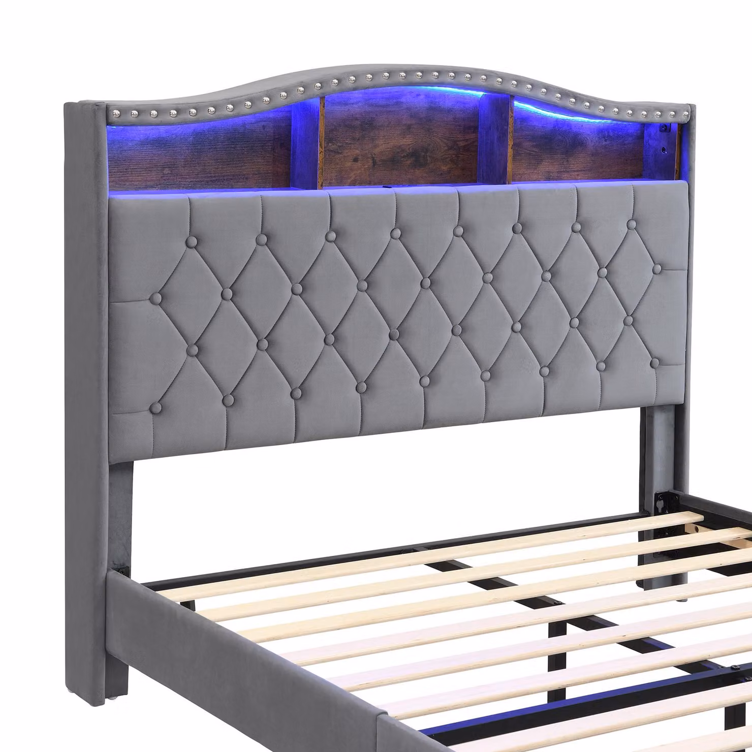 Aosom UK Grey Velvet Upholstered Double Bed with Built-in Bedside Storage and LED Lighting, H 124 x W 140.5 x D 210 cm – 5