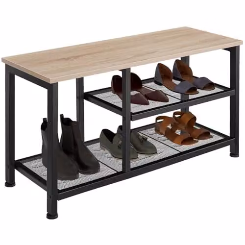 tectake 3-Tier Shoe Rack with Wood-Look Top Shelf and 2 Grid Shelves, Black Industrial Steel Frame, W/D/H: 80 x 30 x 45.5 cm, Light Wood