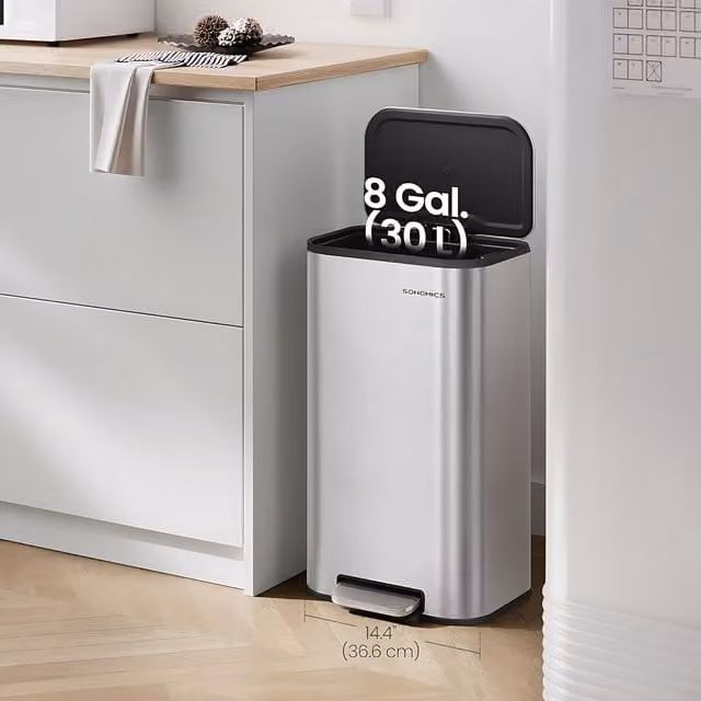 The Bazaarist Steel Kitchen Pedal Bin with Soft Close and Removable Inner Bucket, Silver, H: 60.8 cm x W: 36.6 cm x D: 30.0 cm