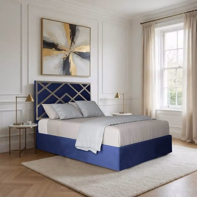 Casani Mallerstang Small Double Upholstered Velvet Bed Frame in Blue with Metal Details, W/D/H: 120 x 200 cm