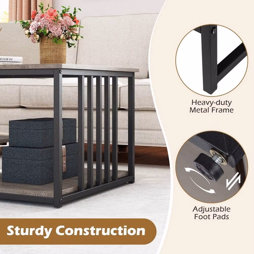 VOGREX Modern Grey Faux Marble 2-Tier Coffee Table with Metal Shelf