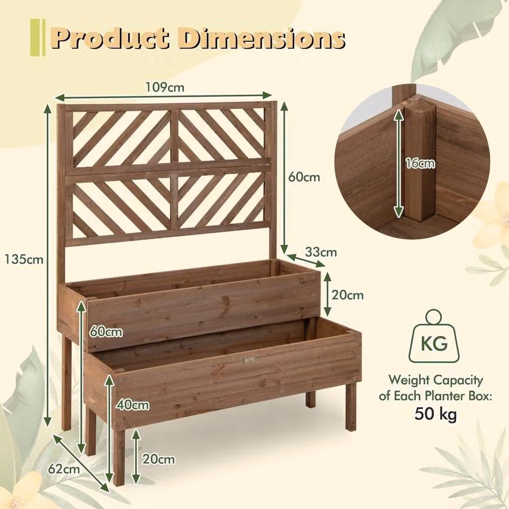 Costway 2-Tier Wood Raised Garden Bed with Trellis and Legs, Brown – 2