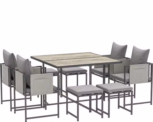 Outsunny 9 Piece Garden Dining Set in Grey, featuring an 8 Seater Square Plastic Top Table and 4 Stools for your Patio or Terrace