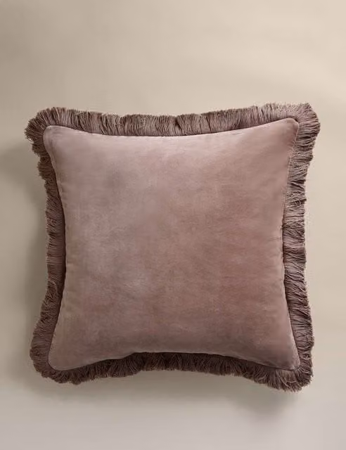 M&S Pure Cotton Velvet Square Fringed Cushion in Beige