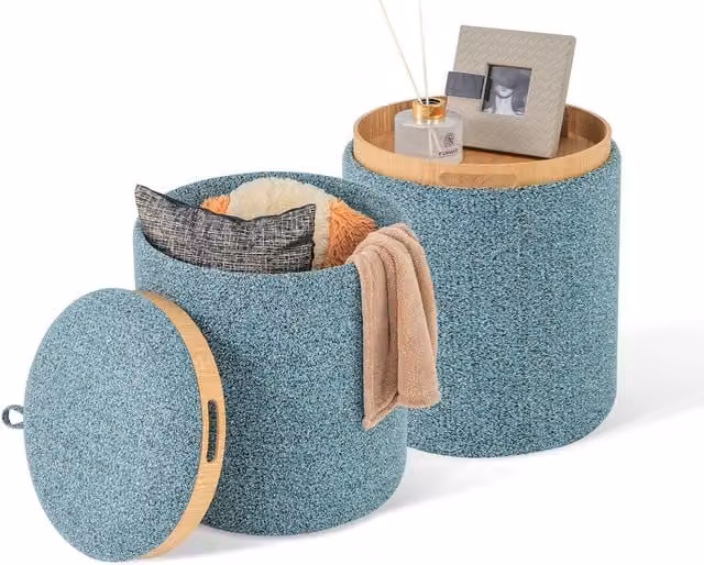 Costway Set of 2 Round Blue Fabric Upholstered Ottomans