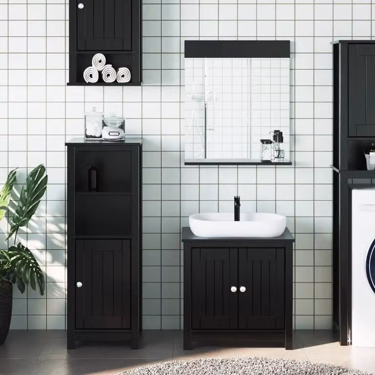 Berkfield Home Beautiful 3 Piece Black Solid Pine Bathroom Furniture Set including Vanity Unit, Tall Cabinet and Mirror Cabinet