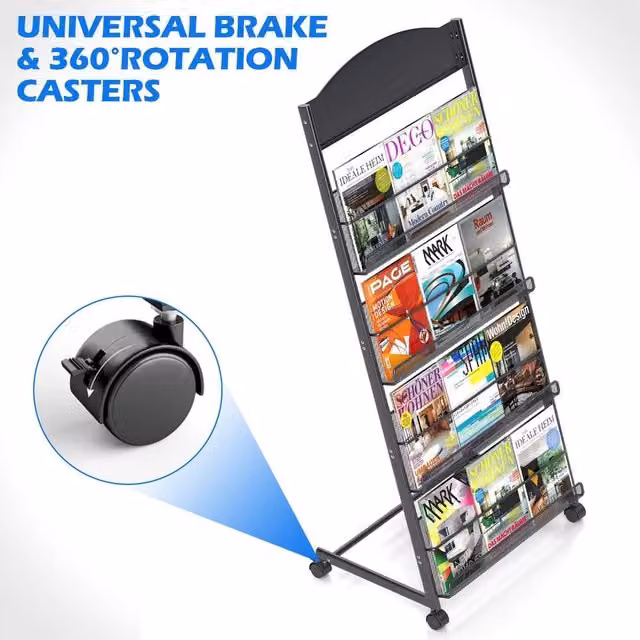 PAWNORA 4 Tier Movable Brochure Display Rack in Matt Black