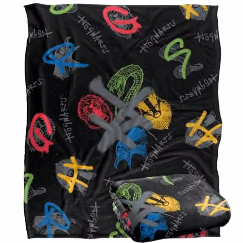 LOGOVISION Harry Potter Graffiti Pattern Fleece Blanket, Multicolour and White, W: 152 cm, D: 127 cm