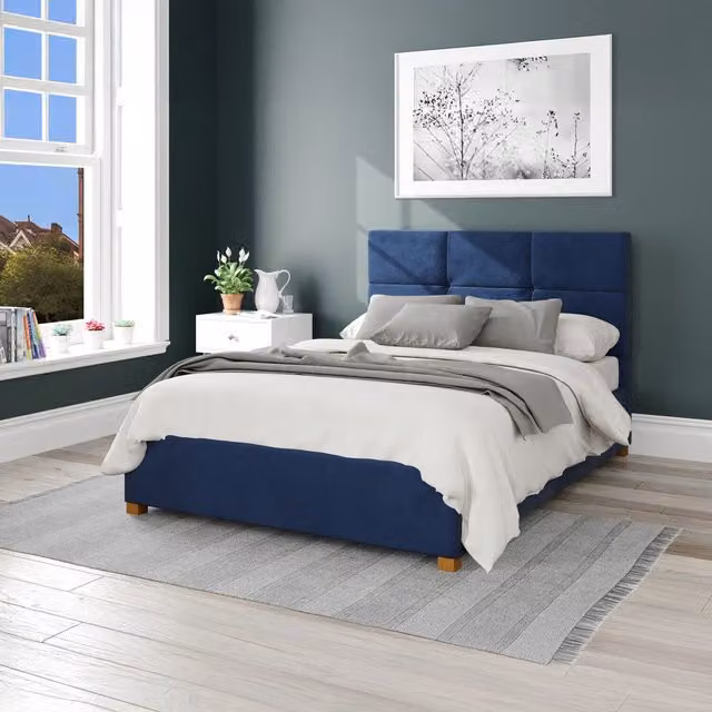 Aspire Caine Plush Velvet Ottoman Storage Bed in Blue, W/D/H: 120 x 200 cm