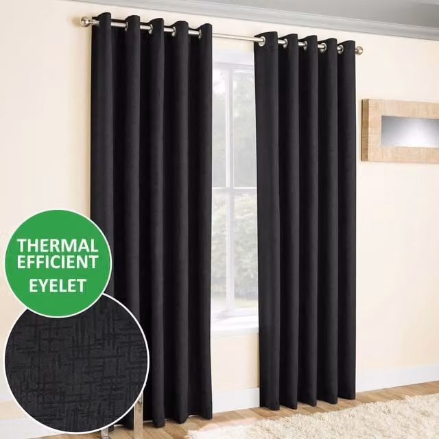 Enhanced Living Pair of Black Thermal Dimout Eyelet Curtains, W: 183 cm, H: 229 cm