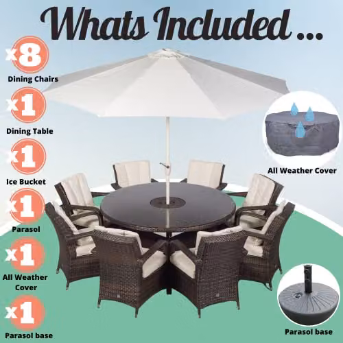 Thats Furniture Giardino Arizona 8 Seater Rattan Garden Dining Set with Ice Bucket Cooler in Brown and Grey, Diameter: 155 cm – 3