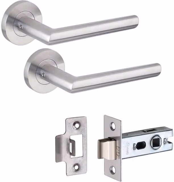 Golden Grace Brushed Silver Mitred Door Handle on Round Rose with Latch