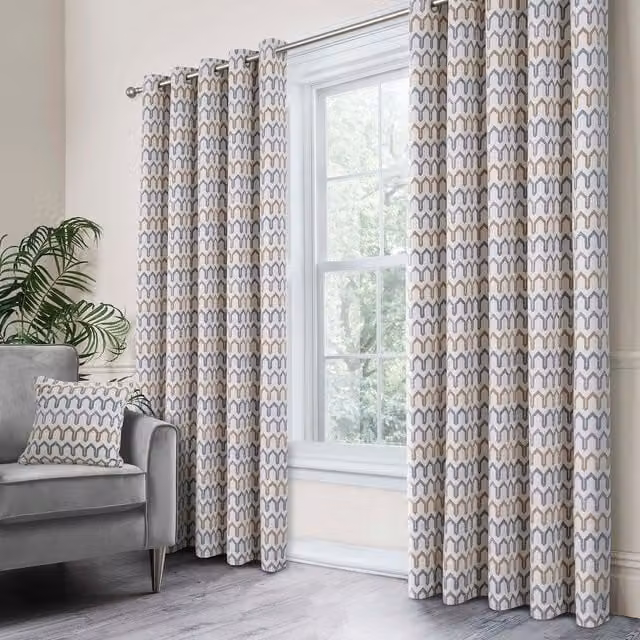 Curtina Arcadia Woven Jacquard Eyelet Curtains in Beige Chenille