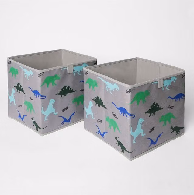 OHS Foldable Fabric Cube Storage Boxes with Dinosaur Print in Grey