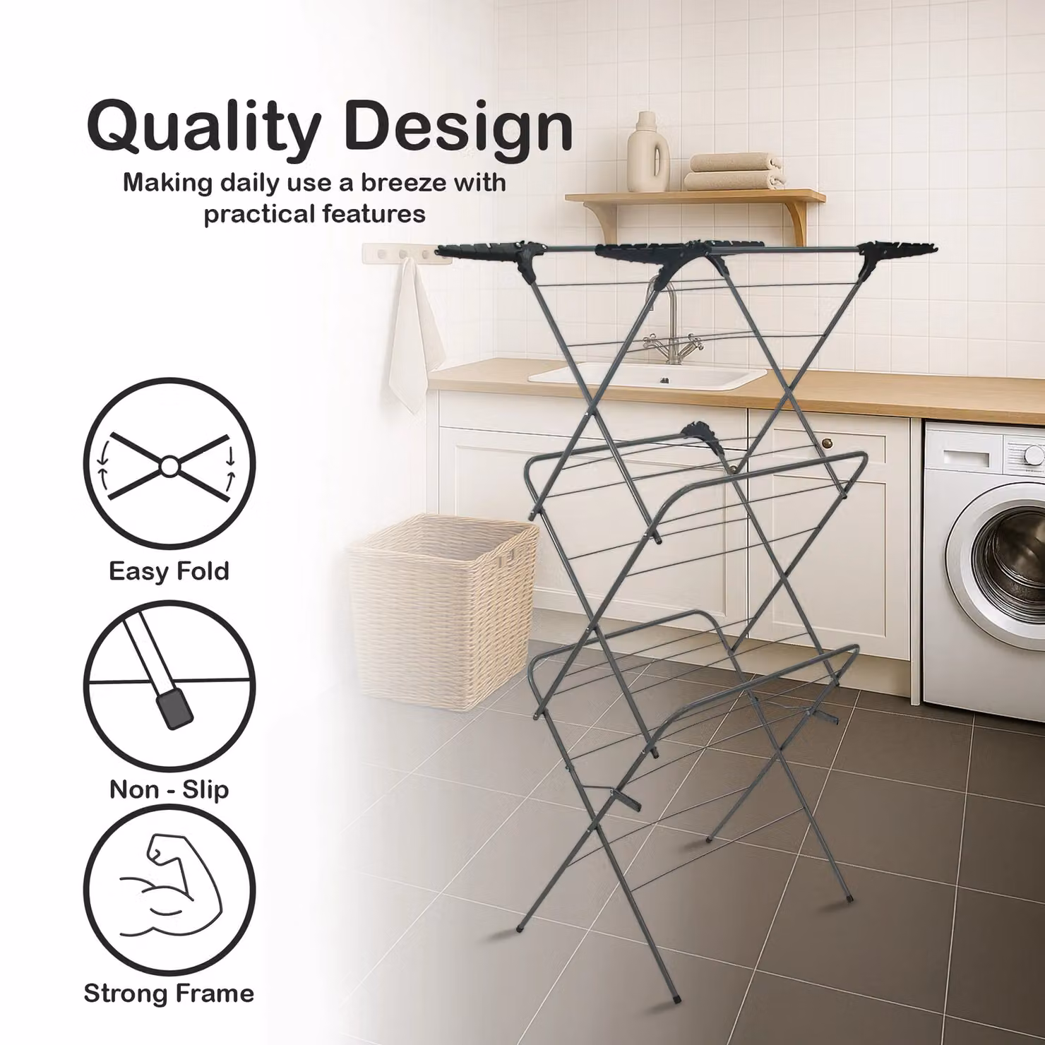 Libbi Lou 3-Tier Foldable Steel Clothes Airer Laundry Drying Rack in Grey – 2