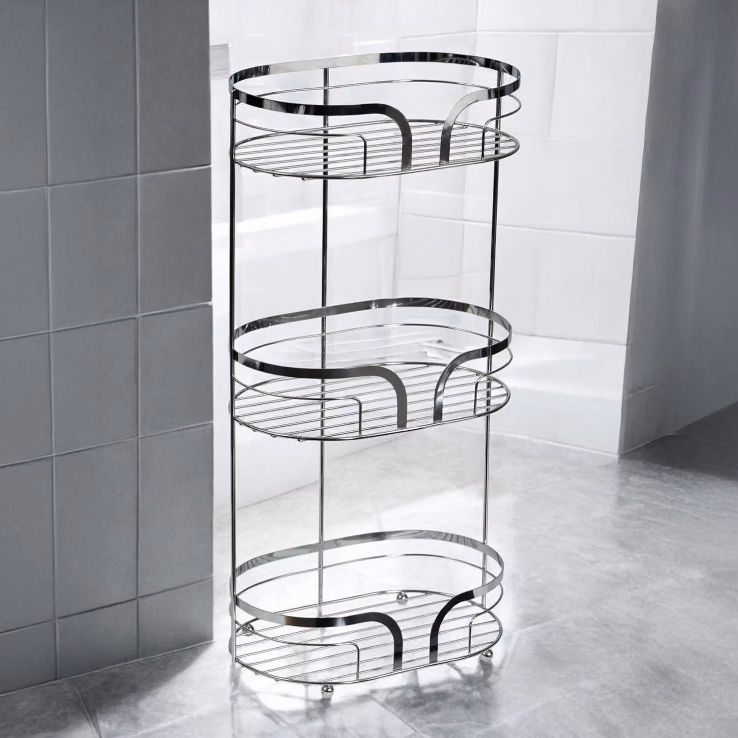 Showerdrape Dante Freestanding Metal Floor Caddy and Toilet Roll Holder in Silver, W/D/H: 57.0 x 28.5 x 18.5 cm – 1
