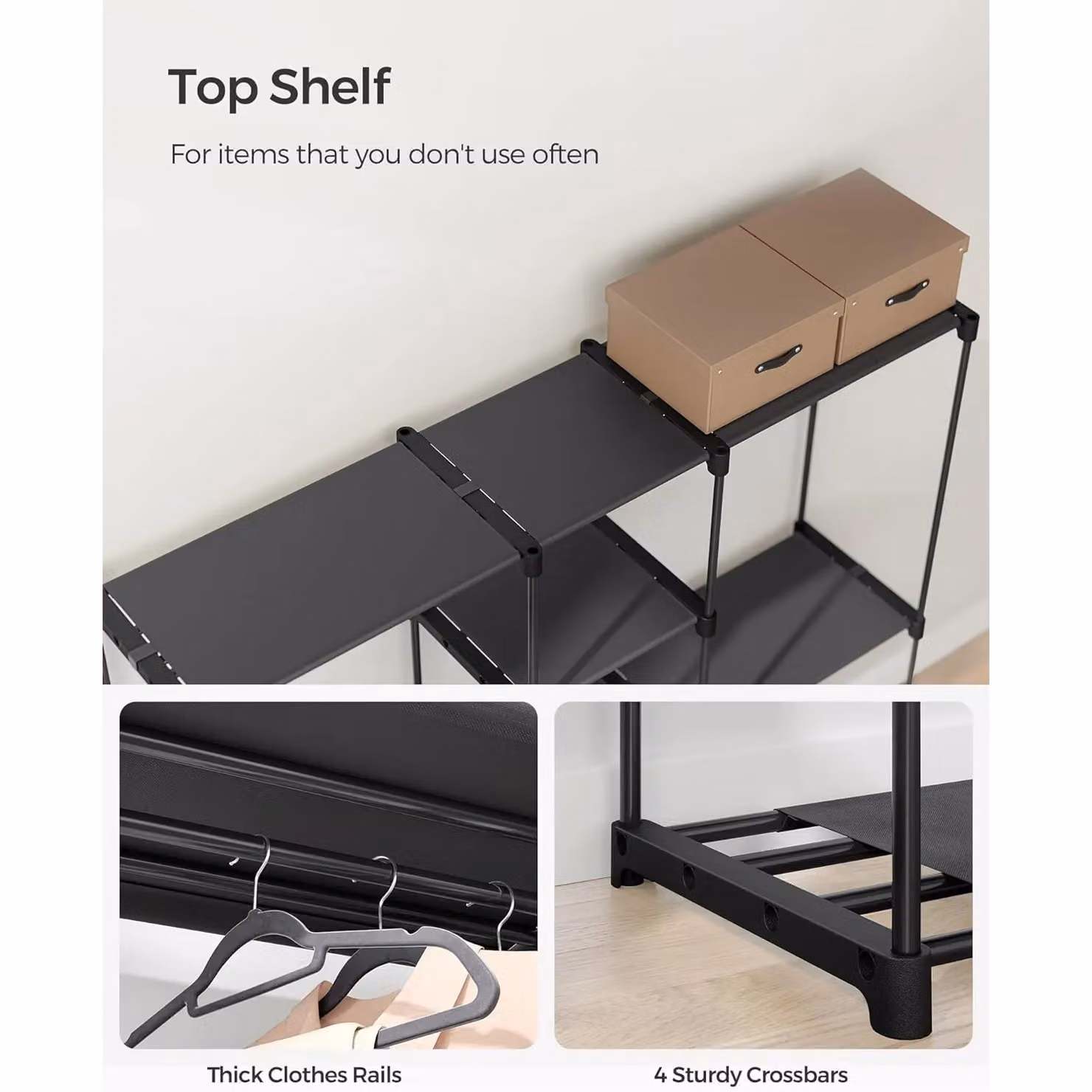 SONGMICS Open Clothes Rack Freestanding with Rails and Fabric Shelves in Black – 3