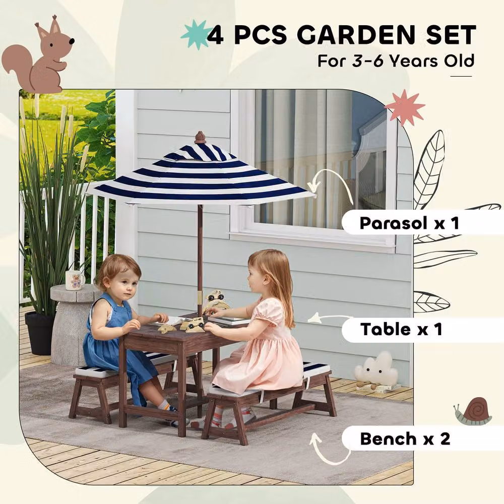 STILVORA Kids Picnic Table Set with Umbrella and Striped Blue Cushions in Wood – 4