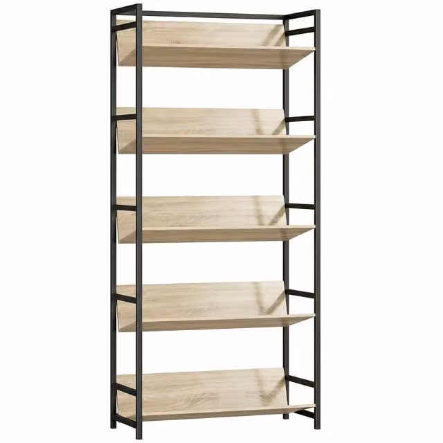HOMCOM 5-Tier Industrial Oak and Metal Frame Bookshelf and Room Divider Storage Shelves – 1