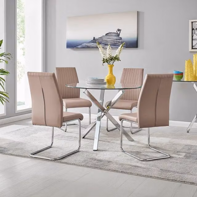 FurnitureboxUK Selina Chrome Round Glass Dining Table and Four Lorenzo Chairs Set in Cappuccino