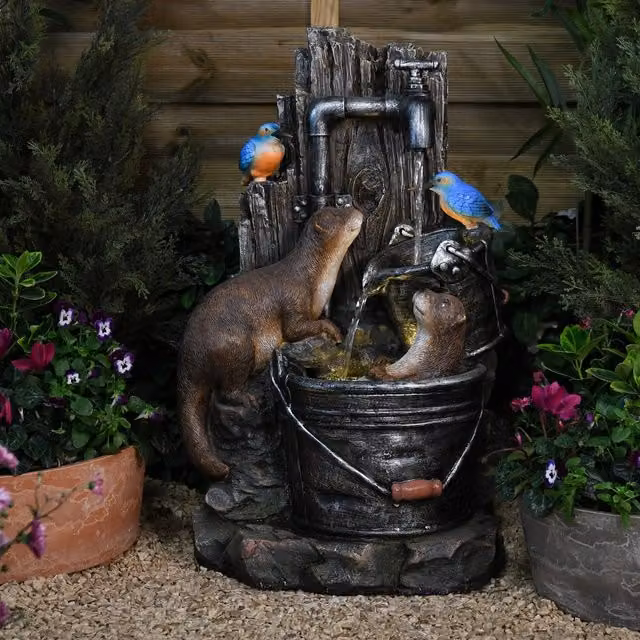 Serenity Grey Otters and Kingfishers Cascade Water Feature with LED Lighting and Stone Effect Finish W/D/H: 63 x 30 x 63 cm