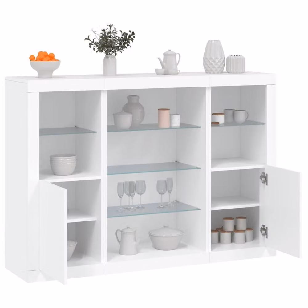 Berkfield Home Set of 3 Modern White Engineered Wood Sideboards with Integrated LED Lighting and Glass Details – 2