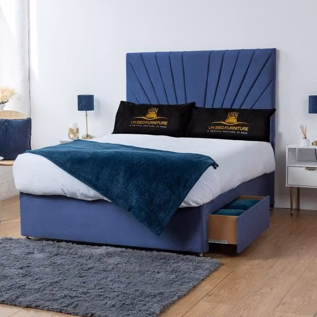 UK Bed Furniture Sunrise Divan Bed with 4 Drawers and 26 Inch Headboard in Blue, Super King, W/D/H: 200 x 200 cm