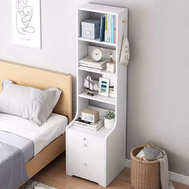 KORVIXA White High Wood Bedside Table Cabinet with Lock