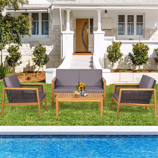 Costway 4-Piece Modern Grey Rattan and Acacia Wood Patio Furniture Set