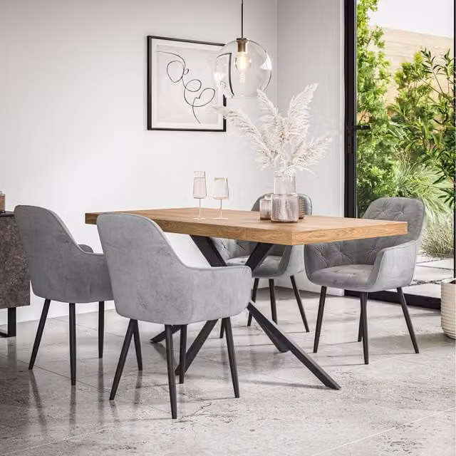 More4Homes Donni Dining Table and 4 Anika Velvet Chairs in Grey with Oak Effect Top
