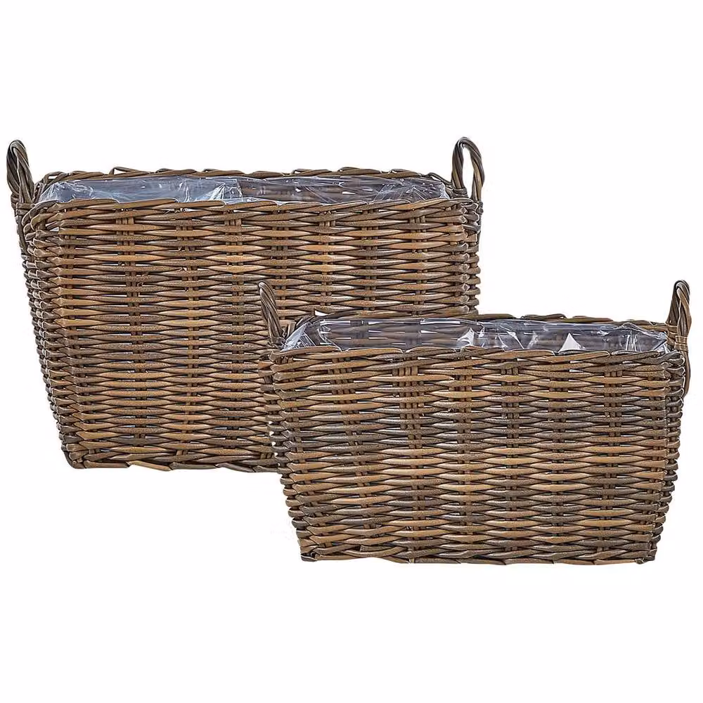 Wyld and Coco Brown PE Rattan Rectangular Plant Baskets Set of 2 with Lining – 2